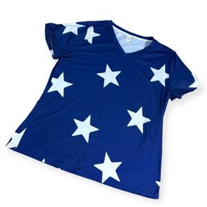 Pixie Lady Womens Blue White Star Print V Neck T Shirt Size L